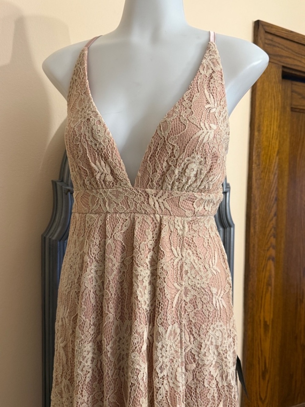 Lulu's Small/Medium, Stolen Moments Dusty Blush Pink Lace V-Neck Maxi Gown